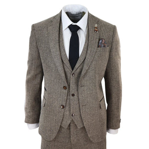 281-03 - Men's Oak 3 Piece Tweed Suit Herringbone Wool Fit - TruClothing.com - 1