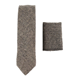 281 - Men's Herringbone Tweed Wool Tie & Hankerchief 2" - Brown - TruClothing.com - 1