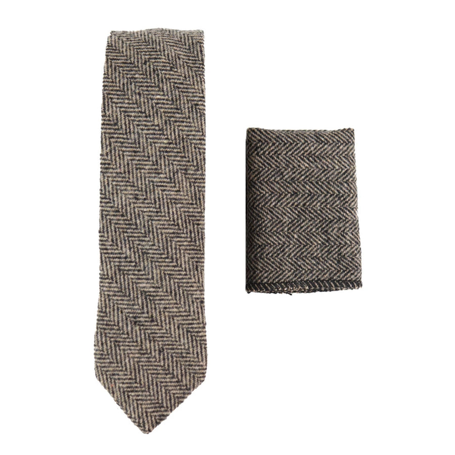 281 - Men's Herringbone Tweed Wool Tie & Hankerchief 2" - Brown - TruClothing.com - 1