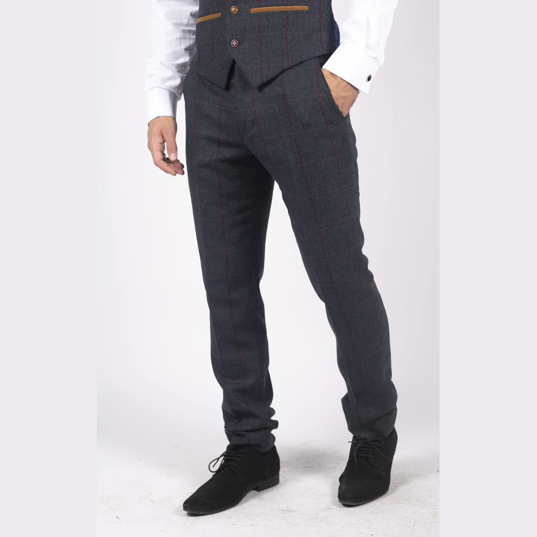 Herrenhose Tweed mit Fischgrätenmuster Marineblau Rot Kariert Vintage