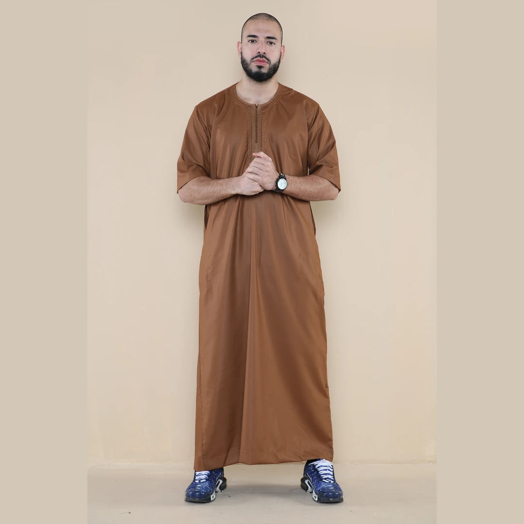 Herren Thobe Jubba Islamische Kleidung Kaftan Halbarm Robe Arabisch mit Reißverschluss