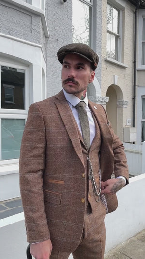 STZ73 - Men's 3 Piece Suit Wool Tweed Herringbone Tan Brown Blue Check 1920s Gatsby Formal Dress Suits-Size: 36" Jacket 30" Trousers--