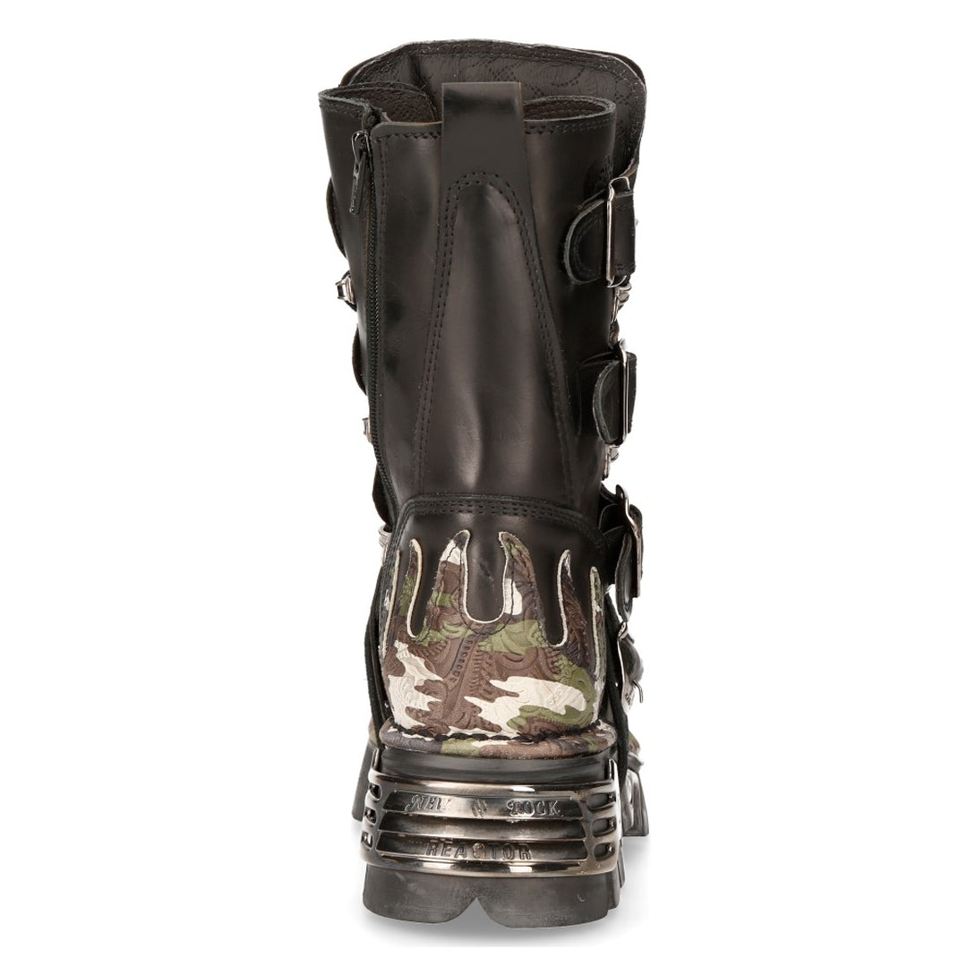 591 S15 New Rock Camouflage Flame Metallic Black Leather Biker Goth Boot-TruClothing