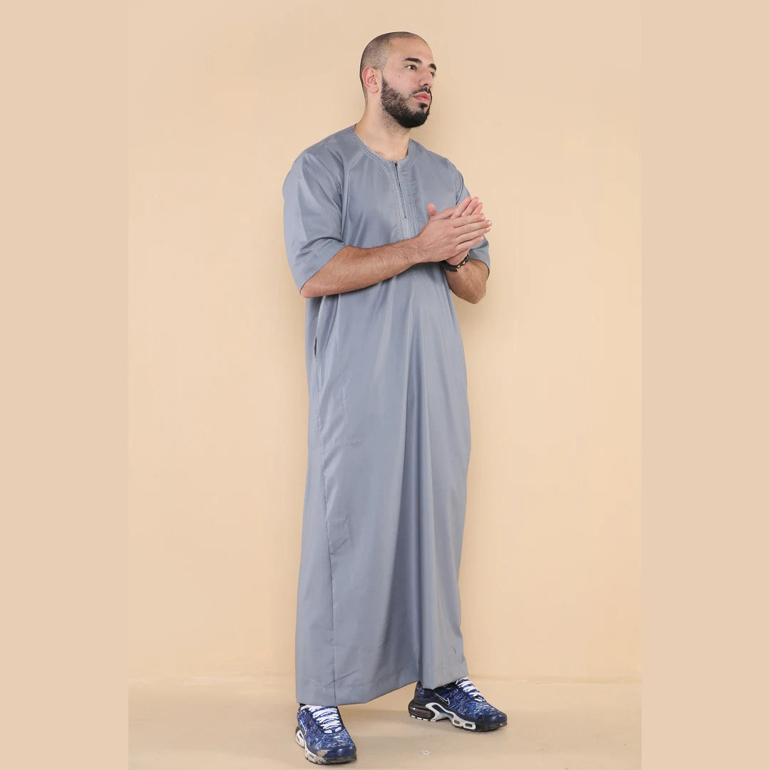Herren Thobe Jubba Islamische Kleidung Kaftan Halbarm Robe Arabisch mit Reißverschluss