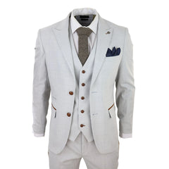 Costume 3 pièces pour homme en tweed gris clair détails marron et carreaux mariage soirée coupe ajustée