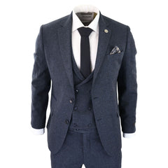 ws25 - Men's 3 Piece Tweed Suit Blue Double Breasted Waistcoat