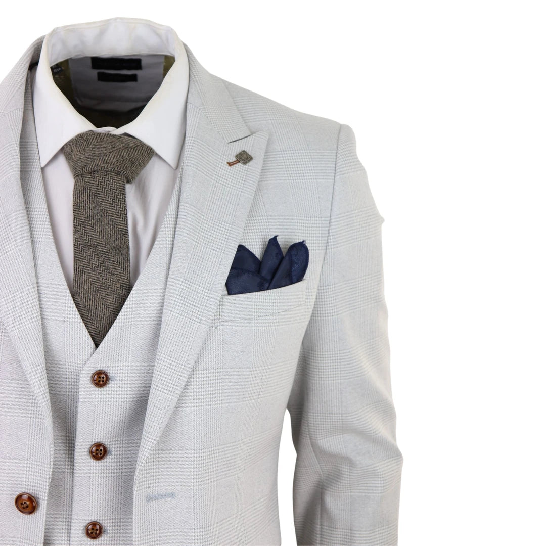 Mark - Men's Grey Stone 3 Piece Tweed Check Suit Wedding Prom Brown Trim
