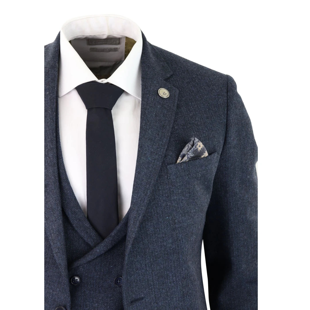 Costume 3 pièces pour homme tweed bleu marine à chevrons gilet veston croisé classique vintage Shelby années 20