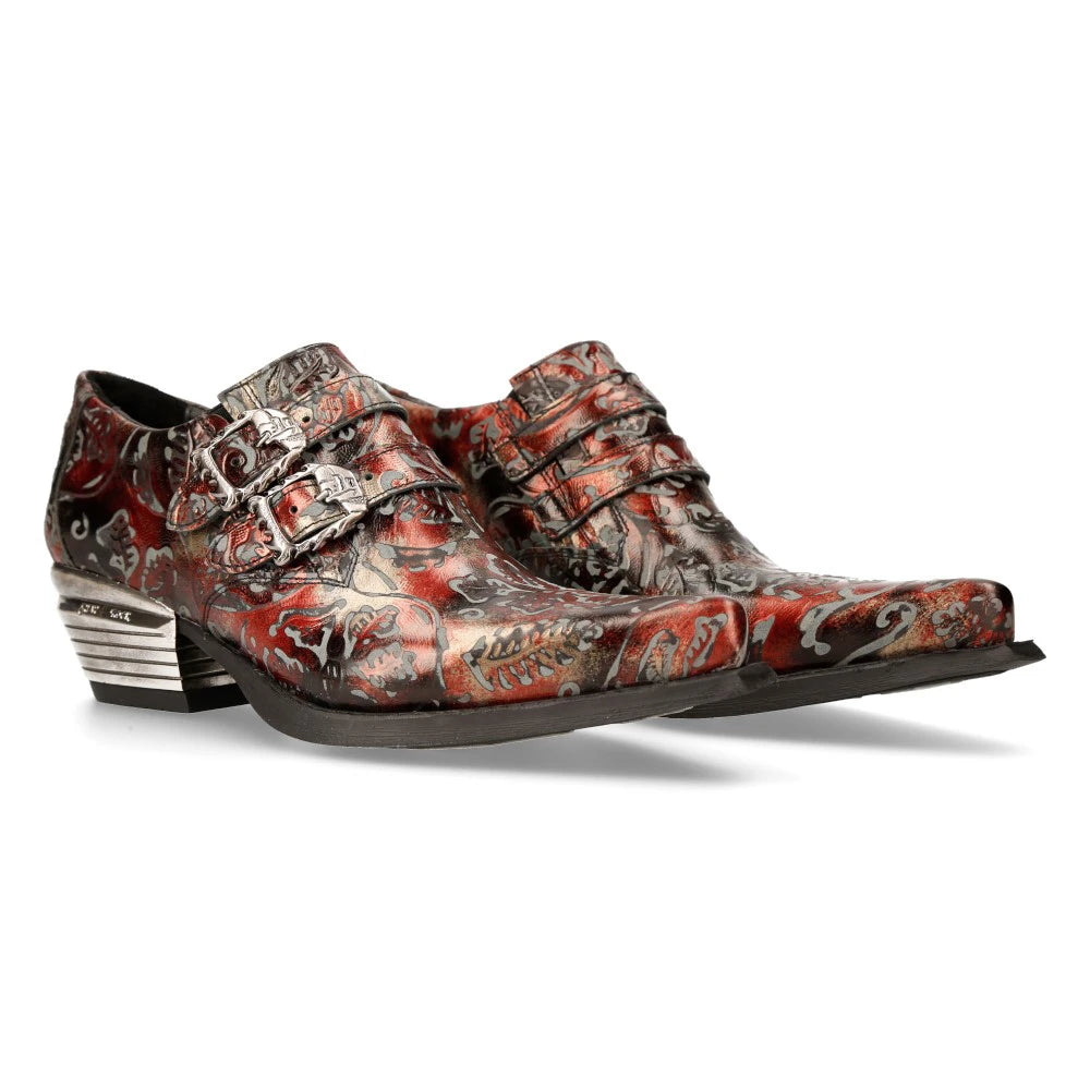 7960-S5 New Rock Black Vintage Red Flower Leather Western Steel Paisley Shoes-TruClothing