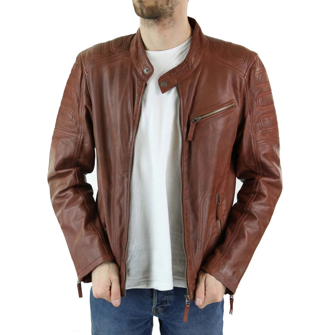 Men s Tan Brown Short Biker Leather Jacket TruClothing