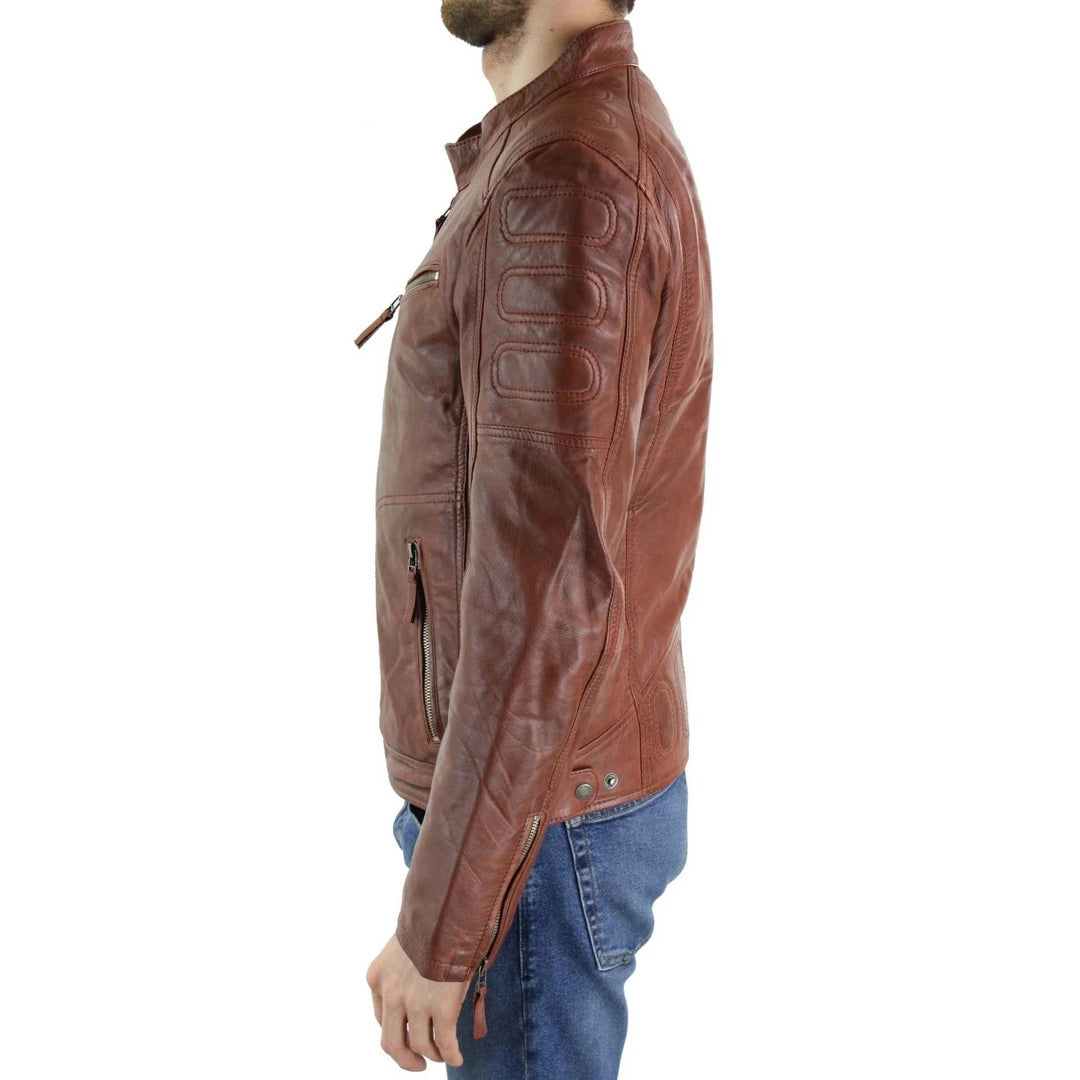 Aviatrix 1407 - Mens Tan Brown Short Biker Real Leather Jacket Vintage Tailored Fit Genuine-TruClothing
