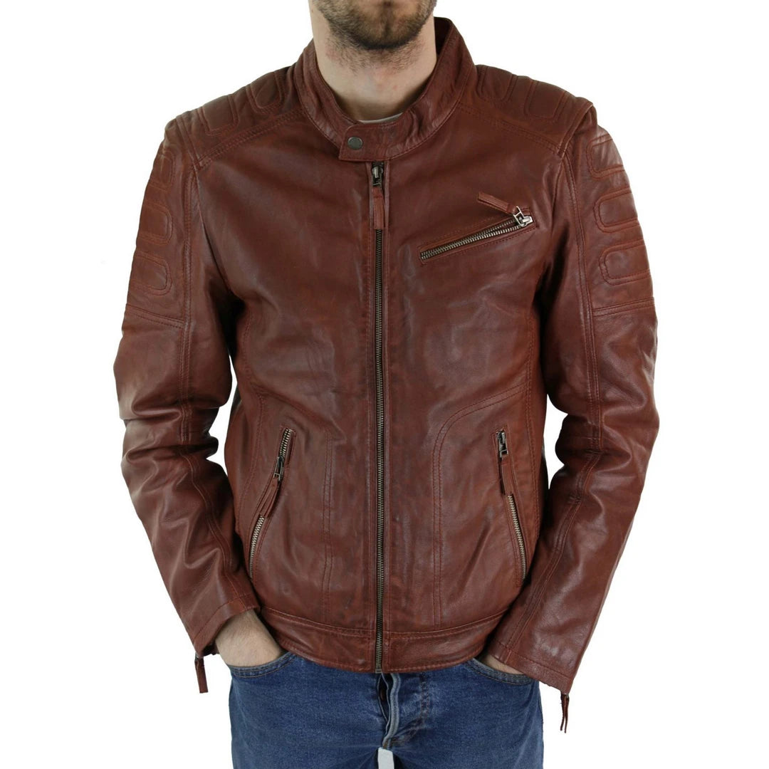 Aviatrix 1407 - Mens Tan Brown Short Biker Real Leather Jacket Vintage Tailored Fit Genuine-TruClothing