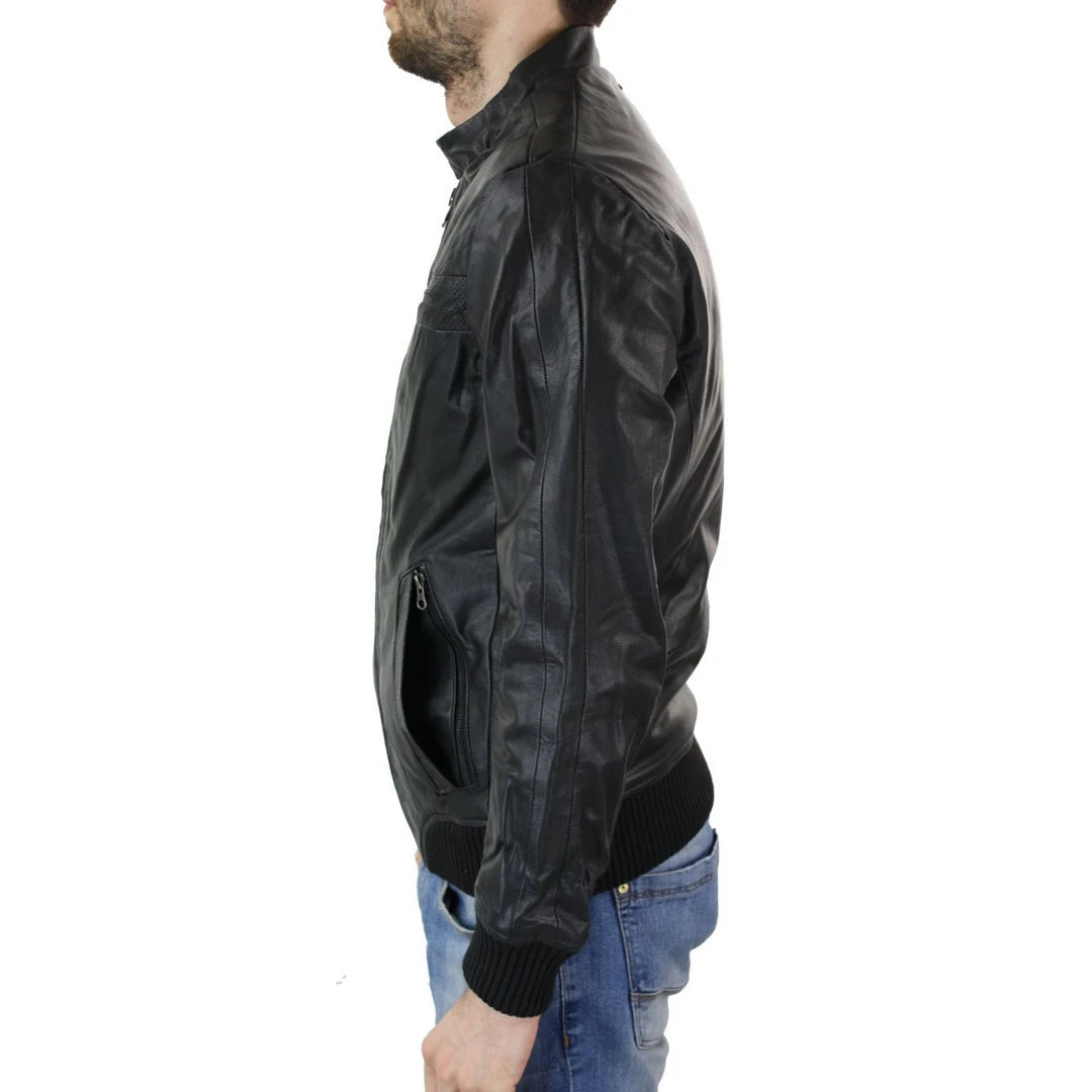 Aviatrix Aidan - Mens Slim Fit Black Retro Smart Casual Real Leather Bomber Jacket Collarless-TruClothing