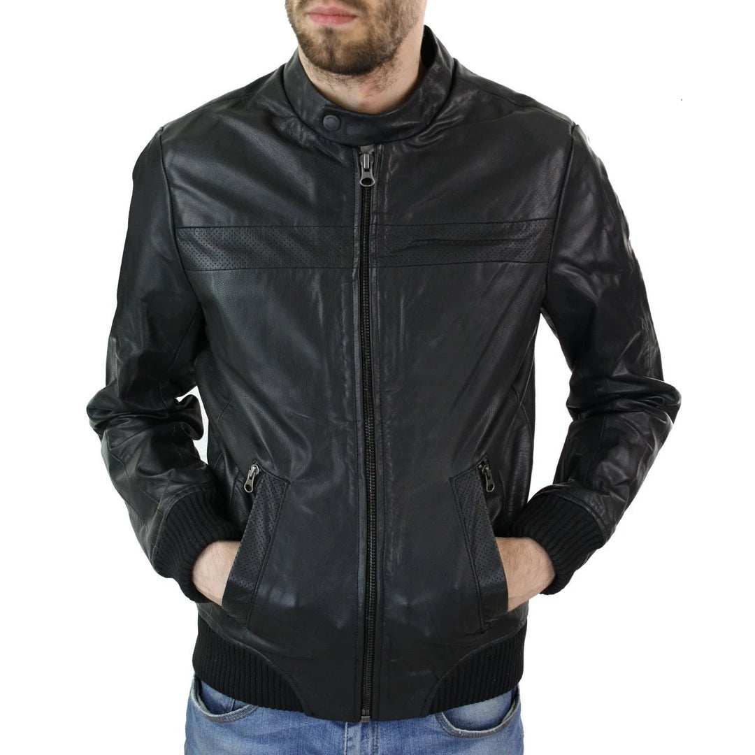 Men's Slim Fit Black Leather Collarless Jacket | TruClothing