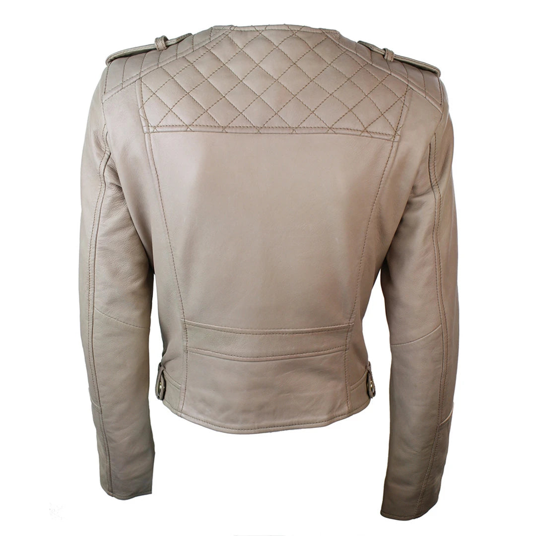 Aviatrix Analine Ladies Cream Biker Style Fitted Real Lambskin Leather Jacket-TruClothing
