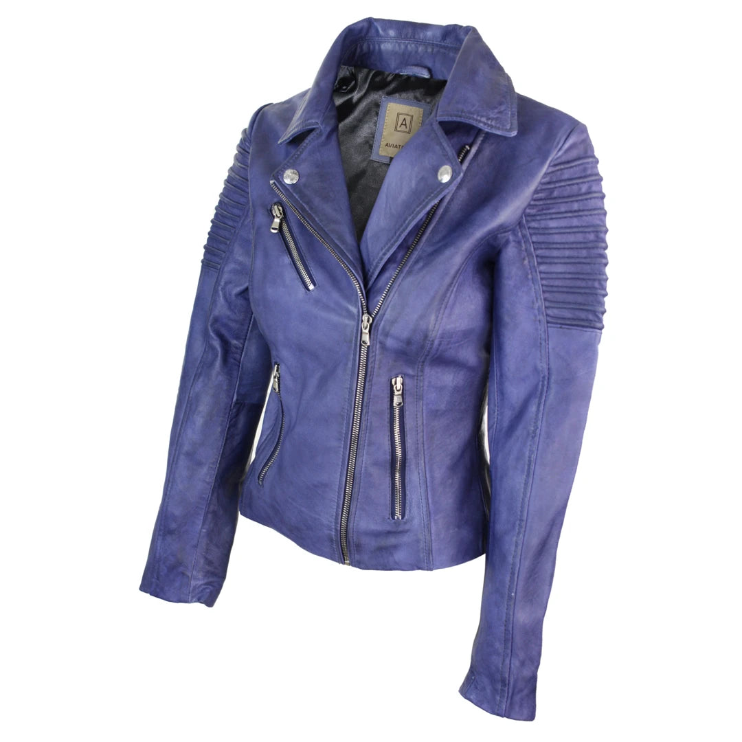 Aviatrix Ayesha Ladies Women Genuine Real Leather Slim Fit Blue Purple Biker Jacket-TruClothing