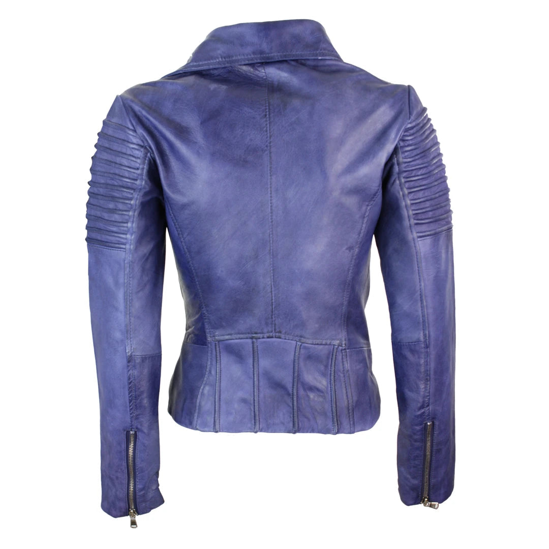 Aviatrix Ayesha Ladies Women Genuine Real Leather Slim Fit Blue Purple Biker Jacket-TruClothing