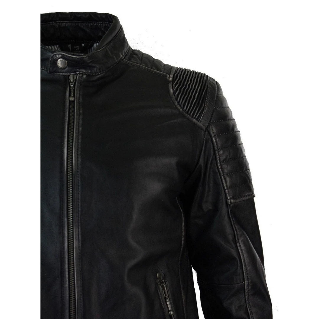 Aviatrix Carson - Mens Black Ruboff Washed Vintage Effect Leather Jacket Fitted Biker Style Casual-TruClothing