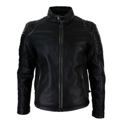 Aviatrix Carson - Mens Black Ruboff Washed Vintage Effect Leather Jacket Fitted Biker Style Casual-TruClothing