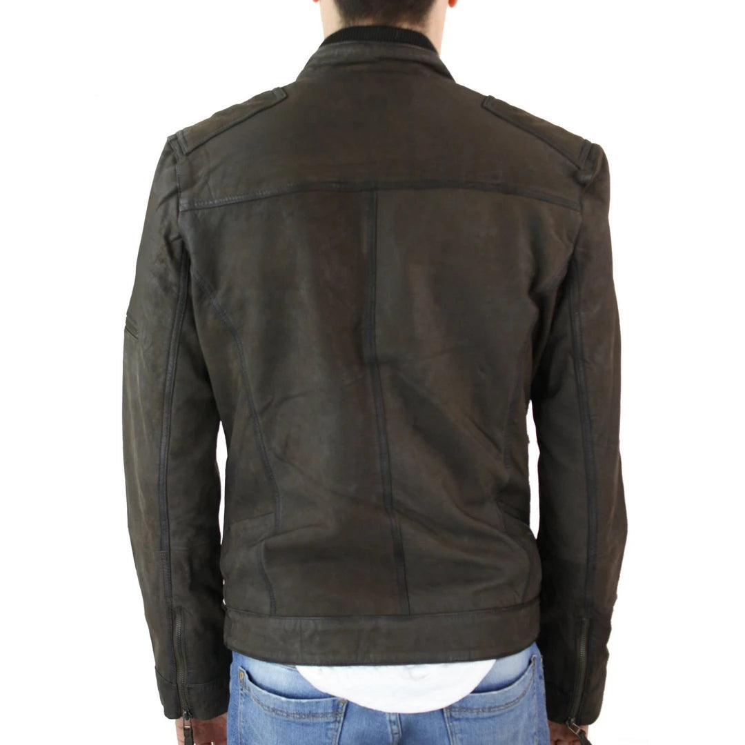 Aviatrix Justice P - Mens Biker Motorcycle Vintage Distressed Brown Zip Short Leather Jacket Suede-TruClothing