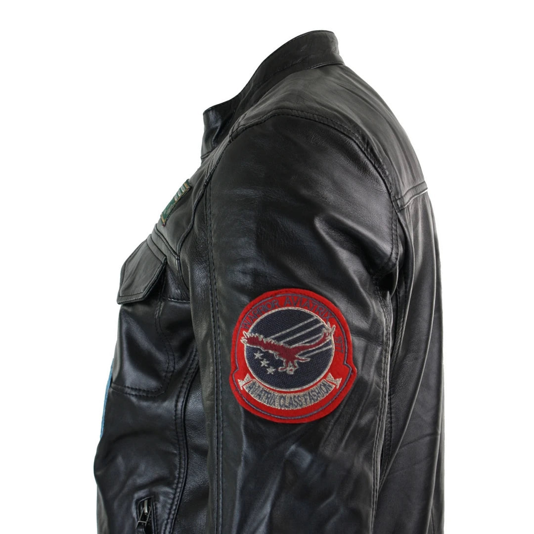 Aviatrix Marker Mens Black Real Leather Zip Jacket Badge Design Racing US Pilot Casual-TruClothing