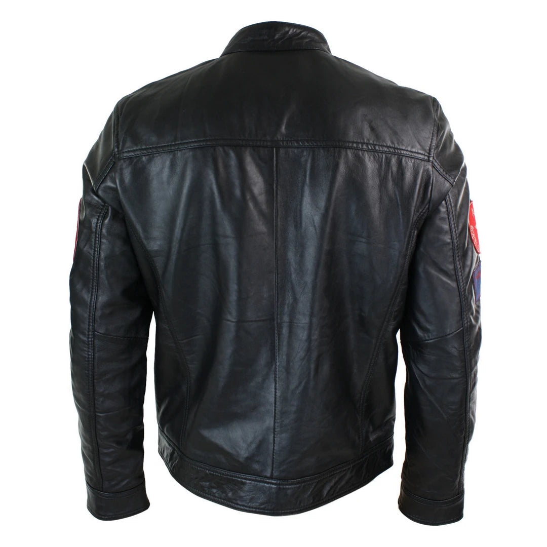 Aviatrix Marker Mens Black Real Leather Zip Jacket Badge Design Racing US Pilot Casual-TruClothing