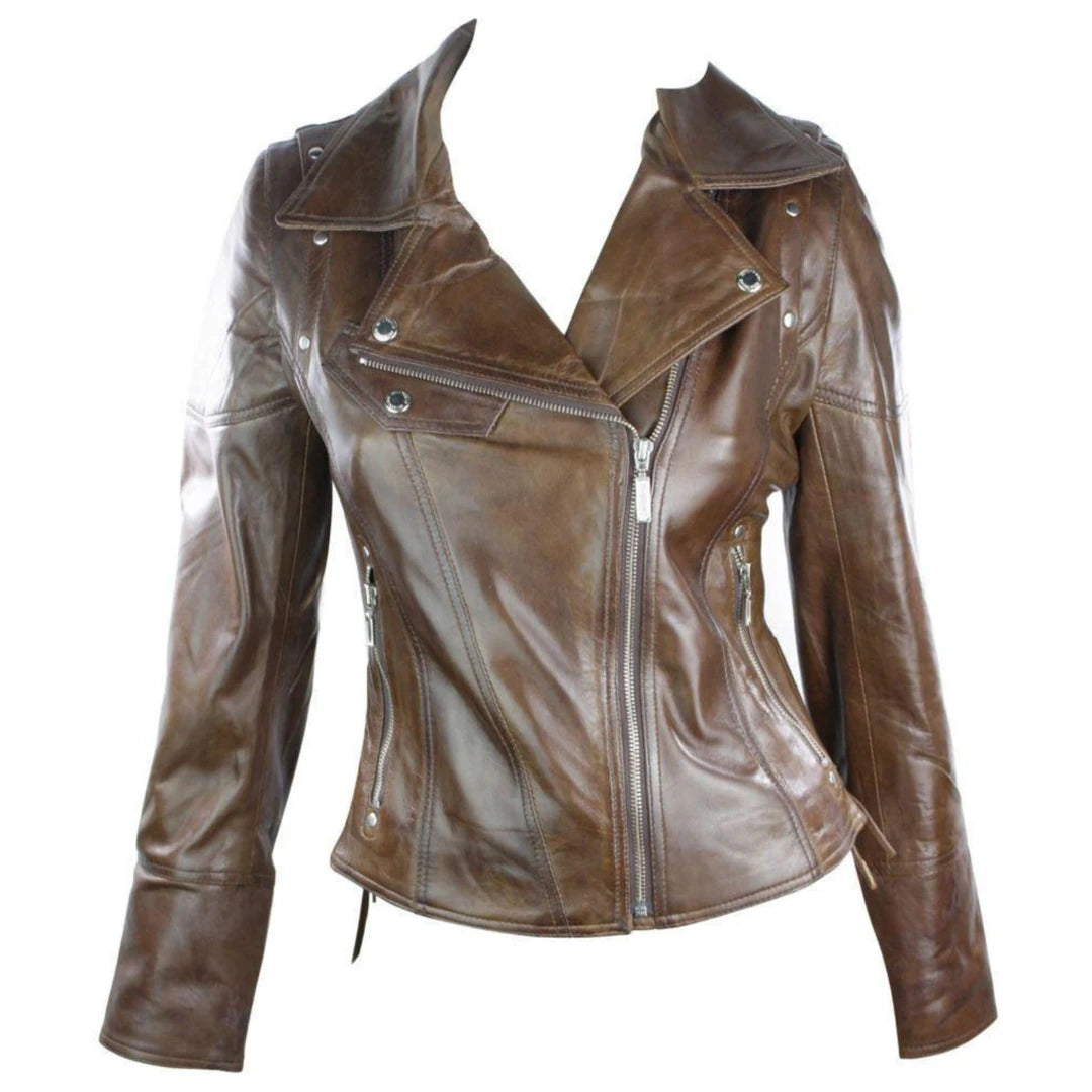 Aviatrix Ready 3 Ladies Women Real Leather Slim Fit Studded Design Biker Jacket Brown-TruClothing
