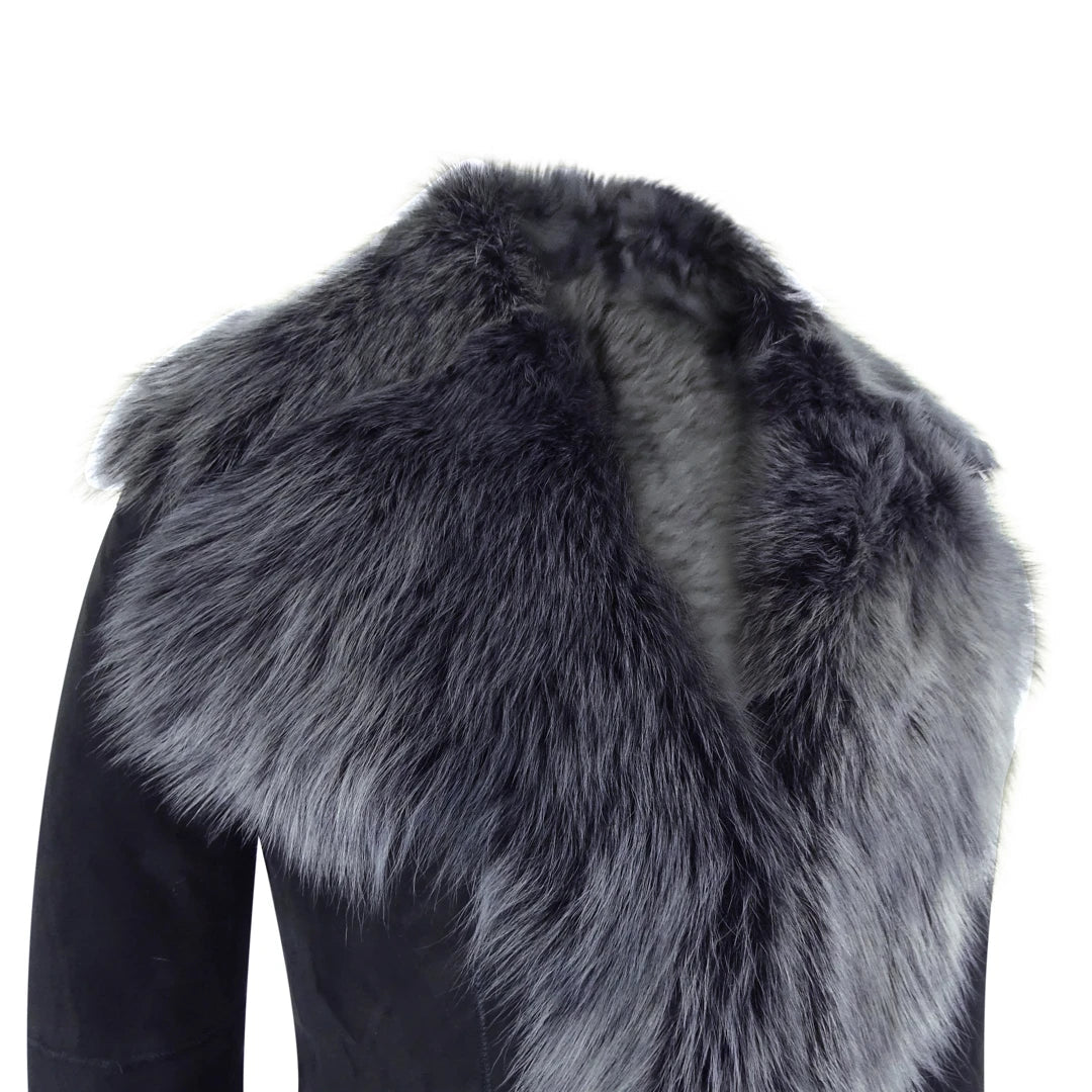 Black Grey 3/4 Length Ladies Suede Real Toscana Sheepskin Coat Tailored Fit-TruClothing