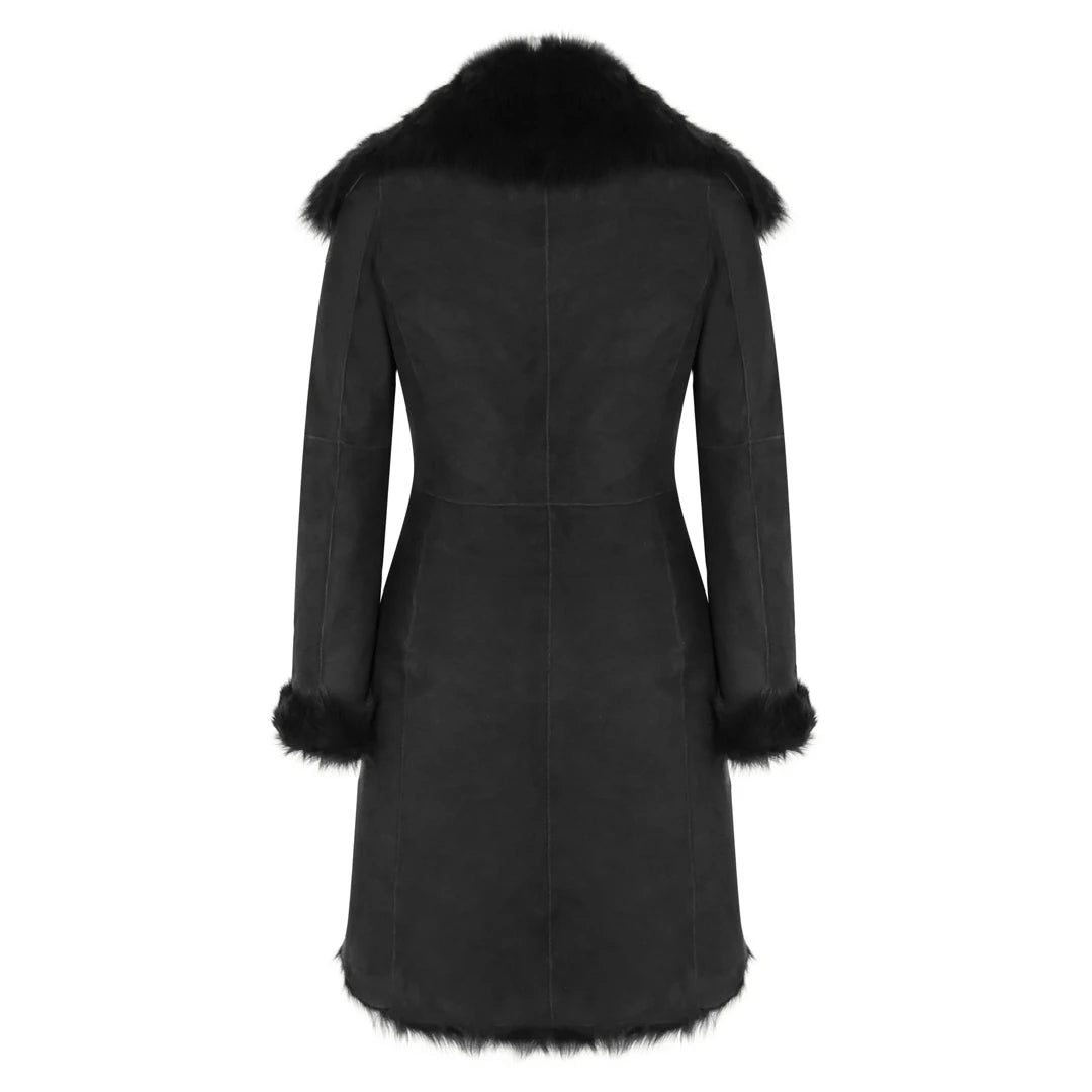 Black Luxury 3/4 Length Ladies Suede Real Toscana Sheepskin Coat Tailored Fit-TruClothing