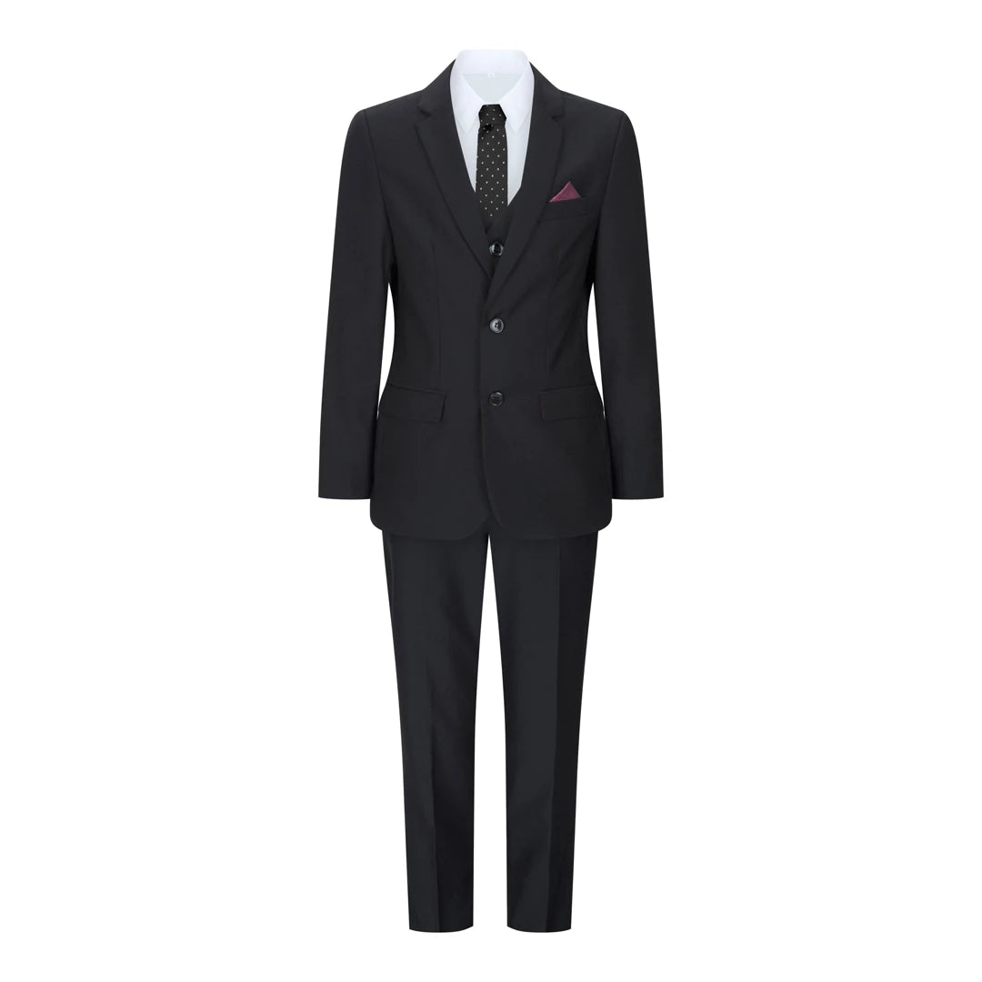 Boys 3 Piece Black Tailored Fit Complete Suit Classic Wedding Mourning Funeral-TruClothing