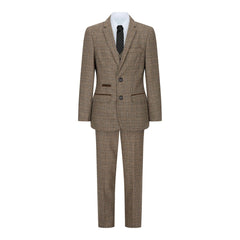 Boys 3 Piece Brown Suit Tweed Check Vintage Retro Tailored Fit 1920s-TruClothing
