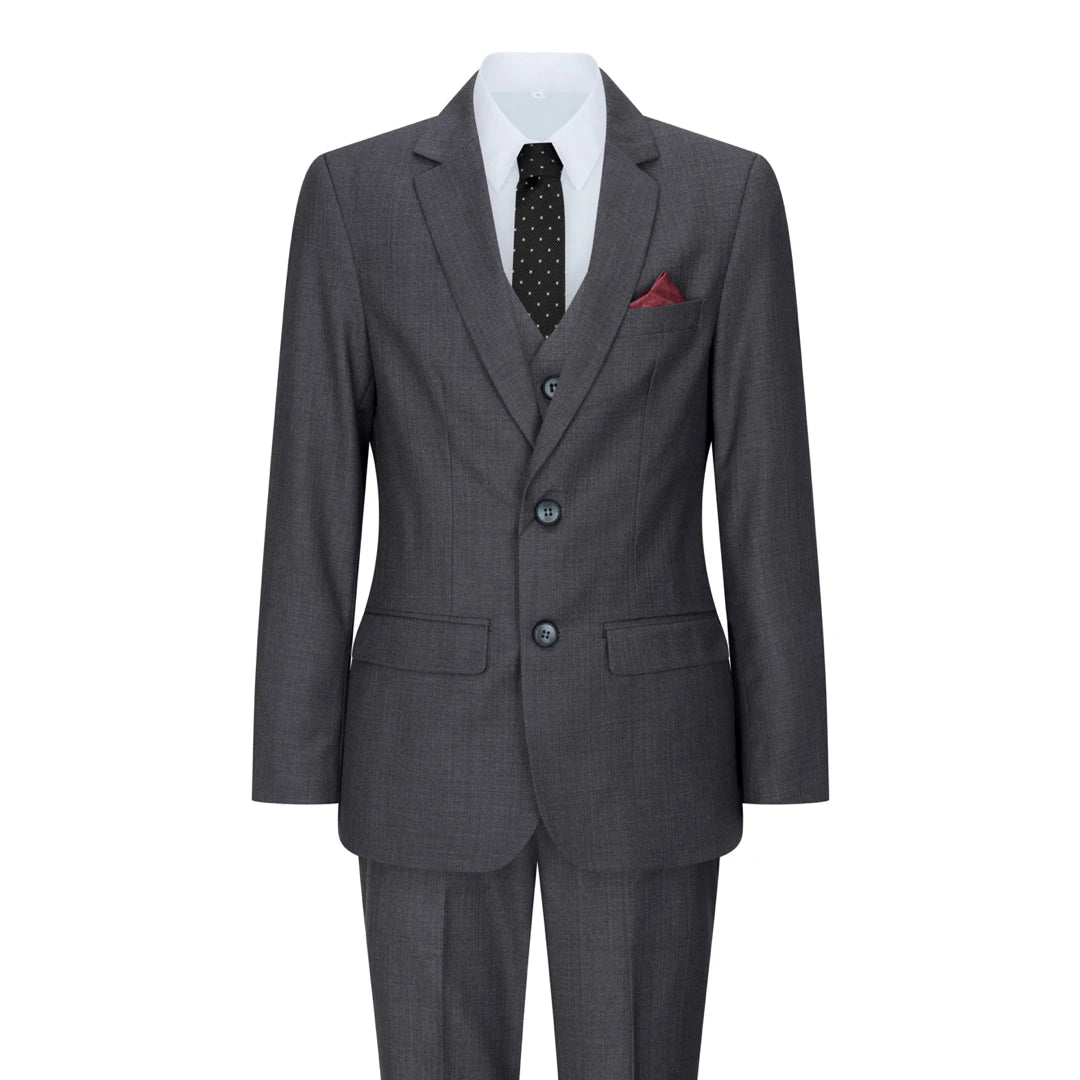 Boys 3 Piece Charcoal Dark Grey Suit Classic Wedding Party Vintage-TruClothing