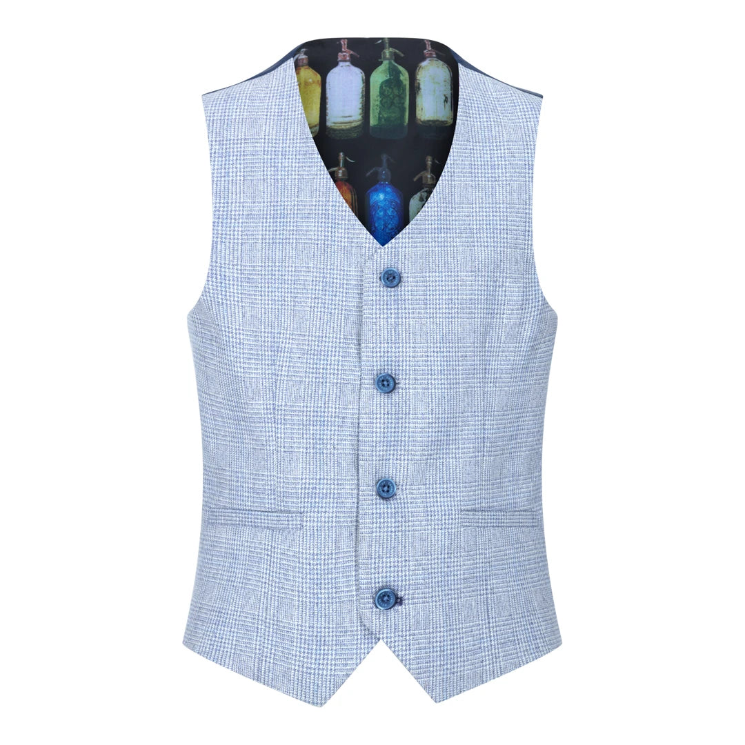 Boys 3 Piece Check Suit Tweed Light Blue Tailored Fit Wedding Peaky Classic-TruClothing