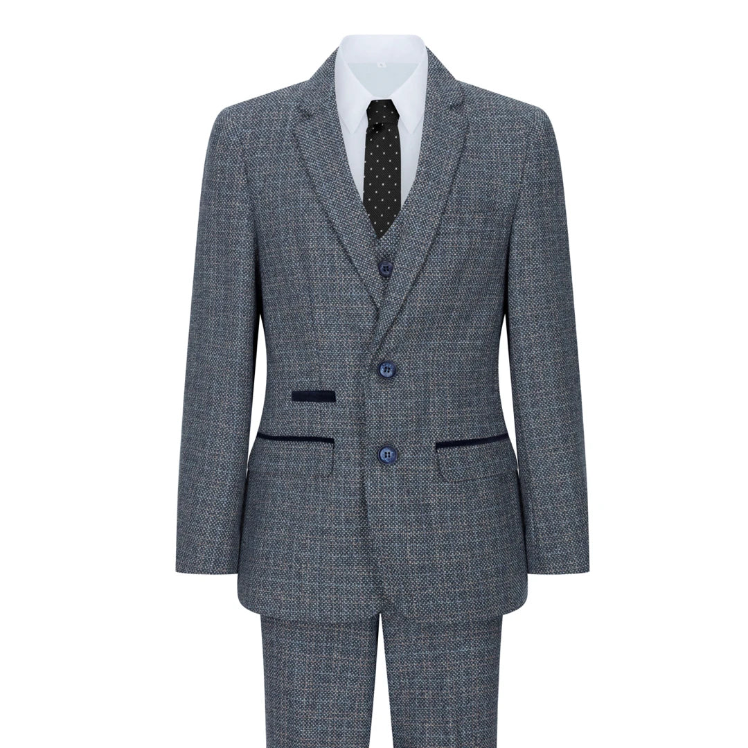 Boys 3 Piece Suit Navy Blue Tweed Check Vintage Retro Tailored Fit 1920s-TruClothing