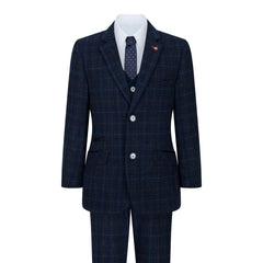 Boys Blue 3 Piece Suit Navy Check Wedding Prom Formal Vintage Tailored Fit-TruClothing