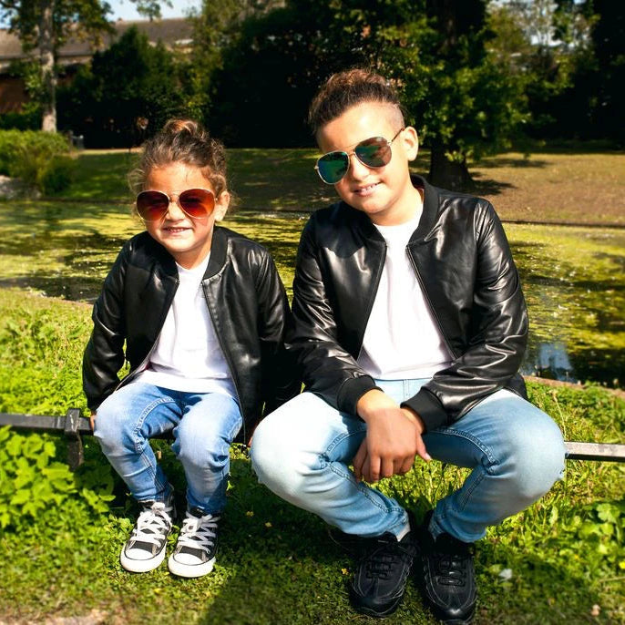 Boys GIrls Kids Unisex Real leather Bomber Style Jacket Varsity Zip Black Blue-TruClothing