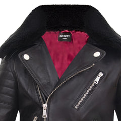 Boys Kids Real leather Biker Style Jacket Brando Cross Zip Black Fur Collar-TruClothing