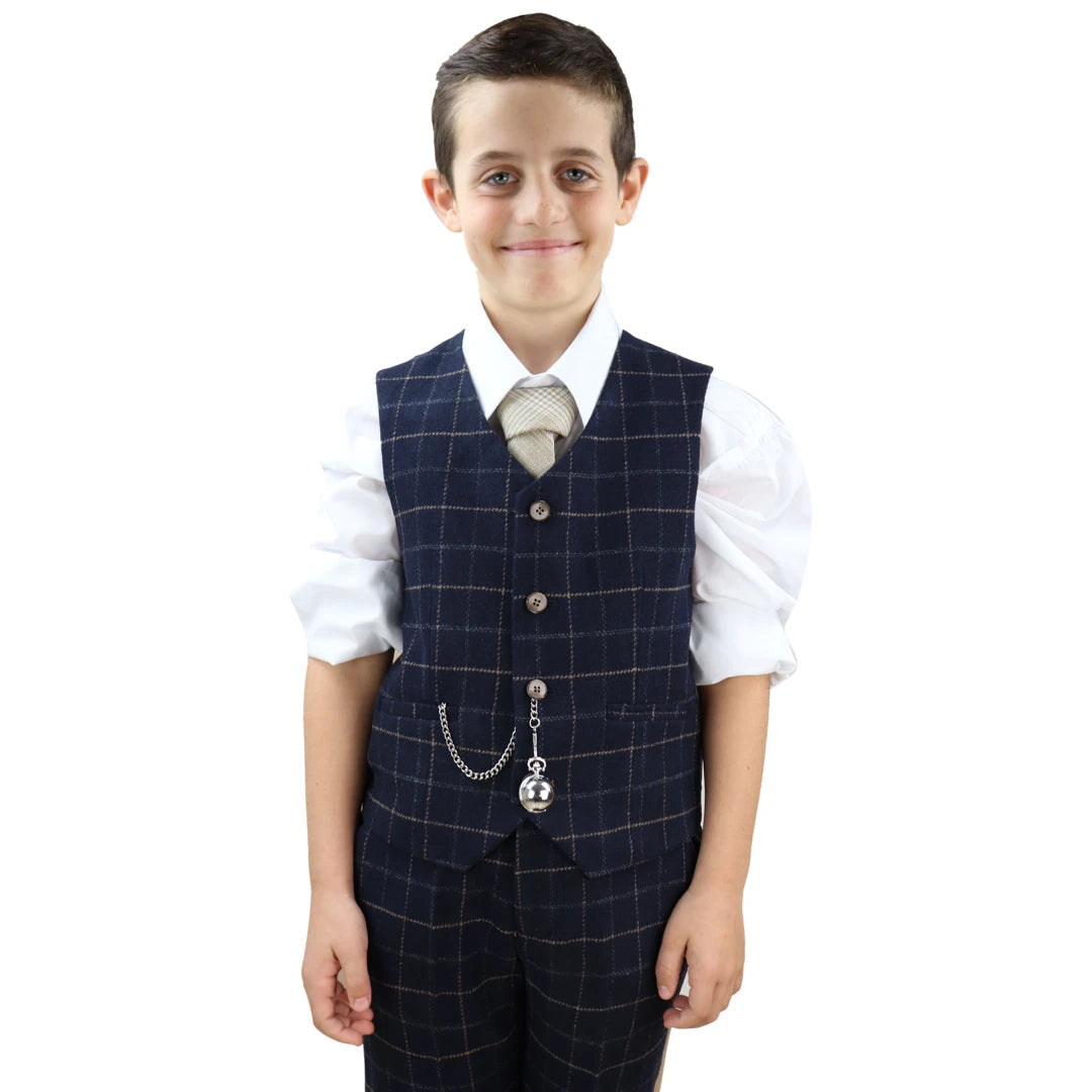 Boys Navy-Blue Check 3 Piece Suit - Cavani Shelby-TruClothing