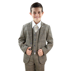 Boys Tan-Brown Tweed 3 Piece Suit - Cavani Albert-TruClothing