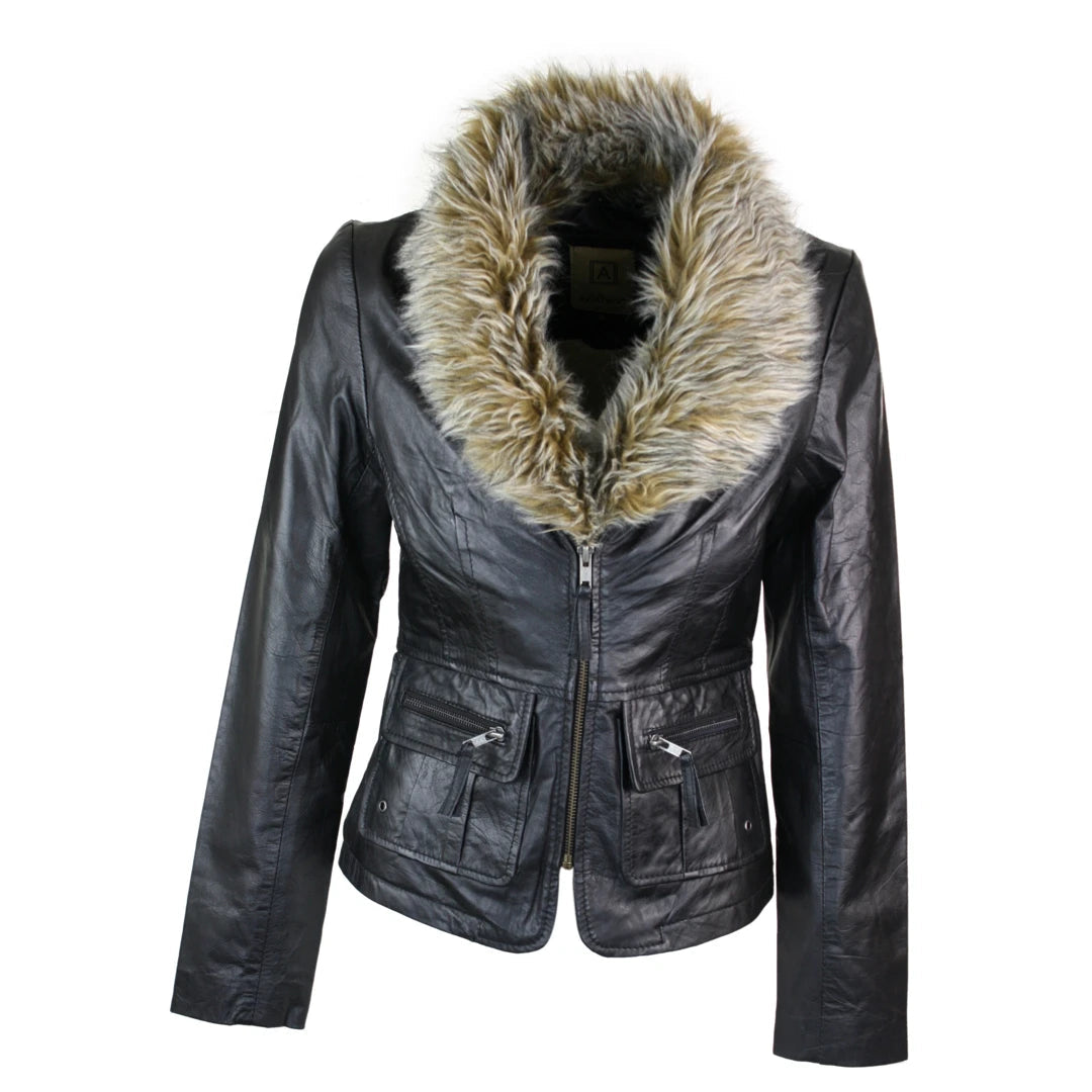 Candle Ladies Real New Vintage Short Black Leather Jacket Coat Faux Fur Collar-TruClothing
