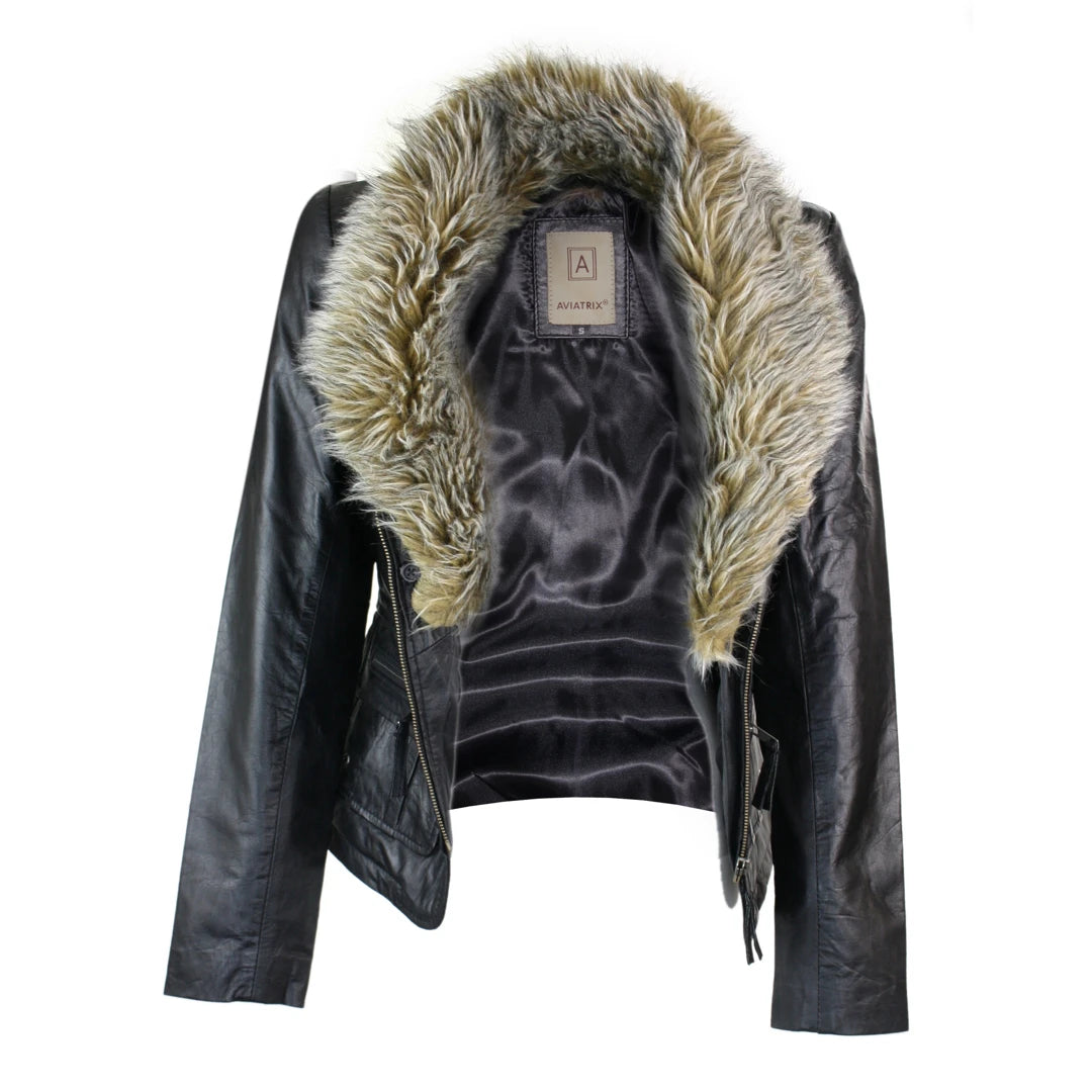 Ladies leather jacket 2025 with fur collar