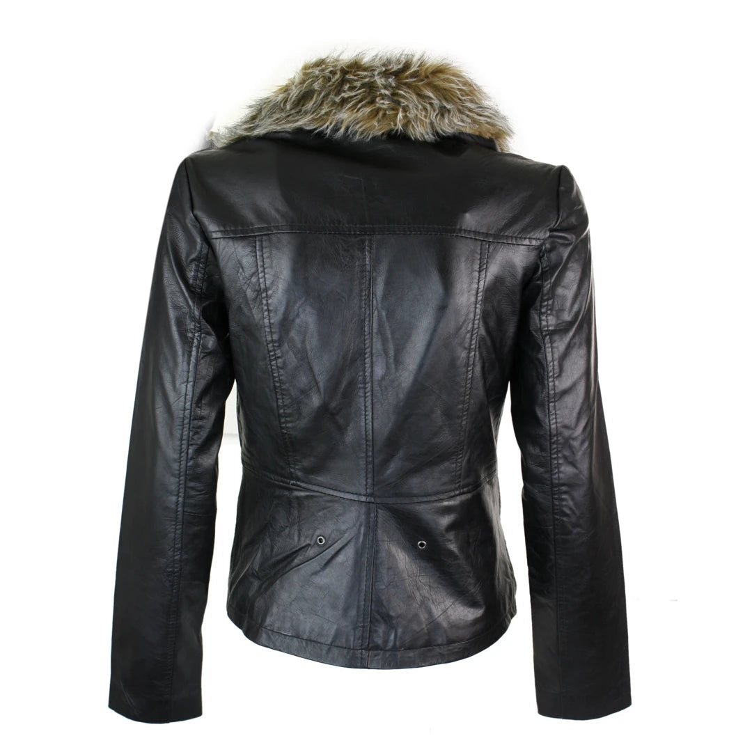 Candle Ladies Real New Vintage Short Black Leather Jacket Coat Faux Fur Collar-TruClothing