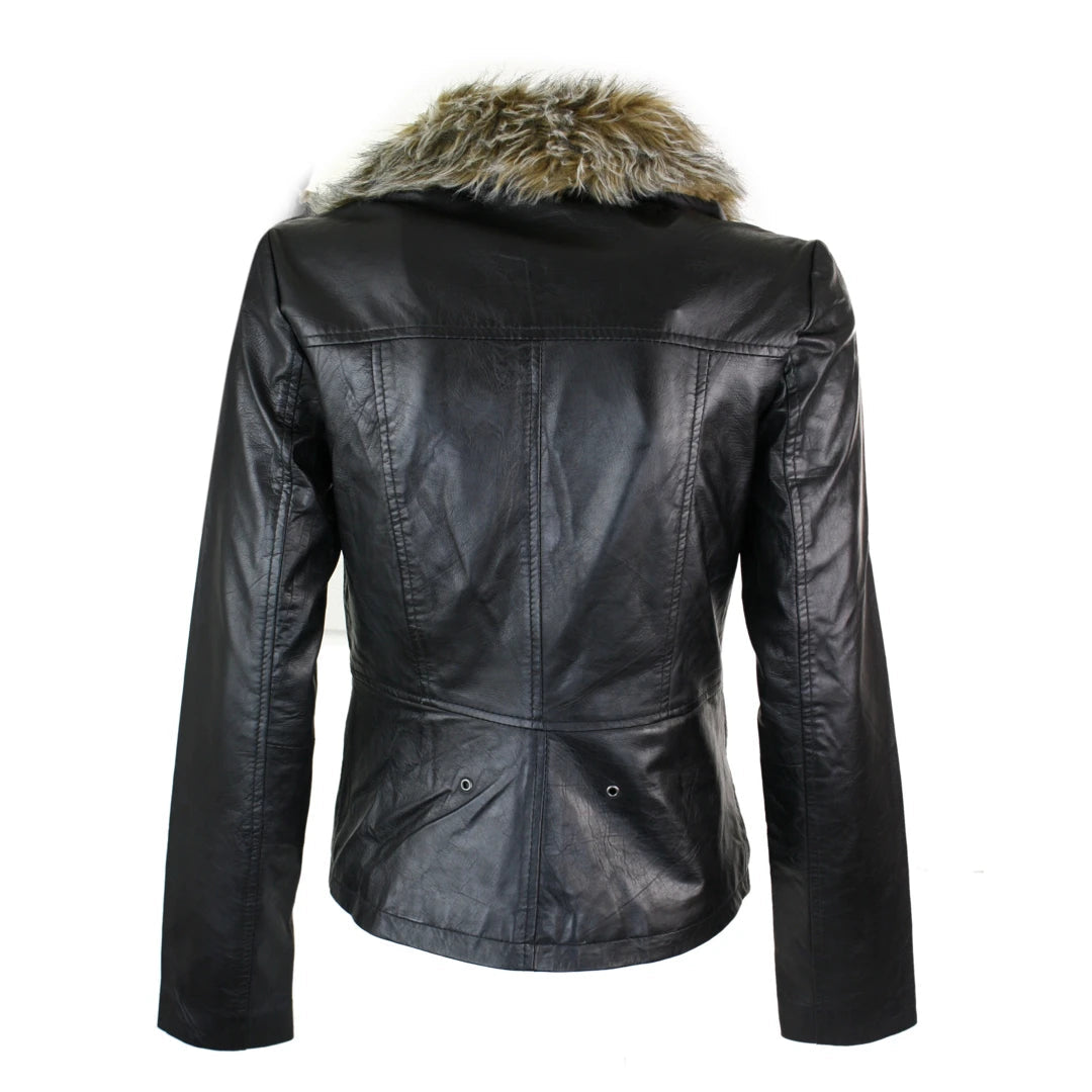Women s Faux Fur Collar Short Black Leather Coat TruClothing