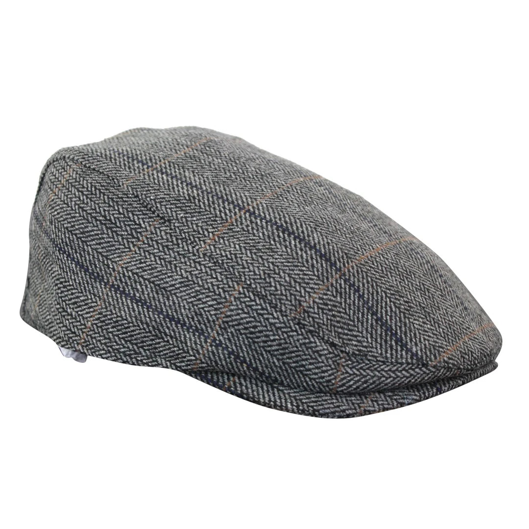 Cavani Albert Mens Tweed Flat Cap - Herringbone Tweed Wool Grandad Flat Hats Vintage - Tan Brown/Charcoal Grey-TruClothing