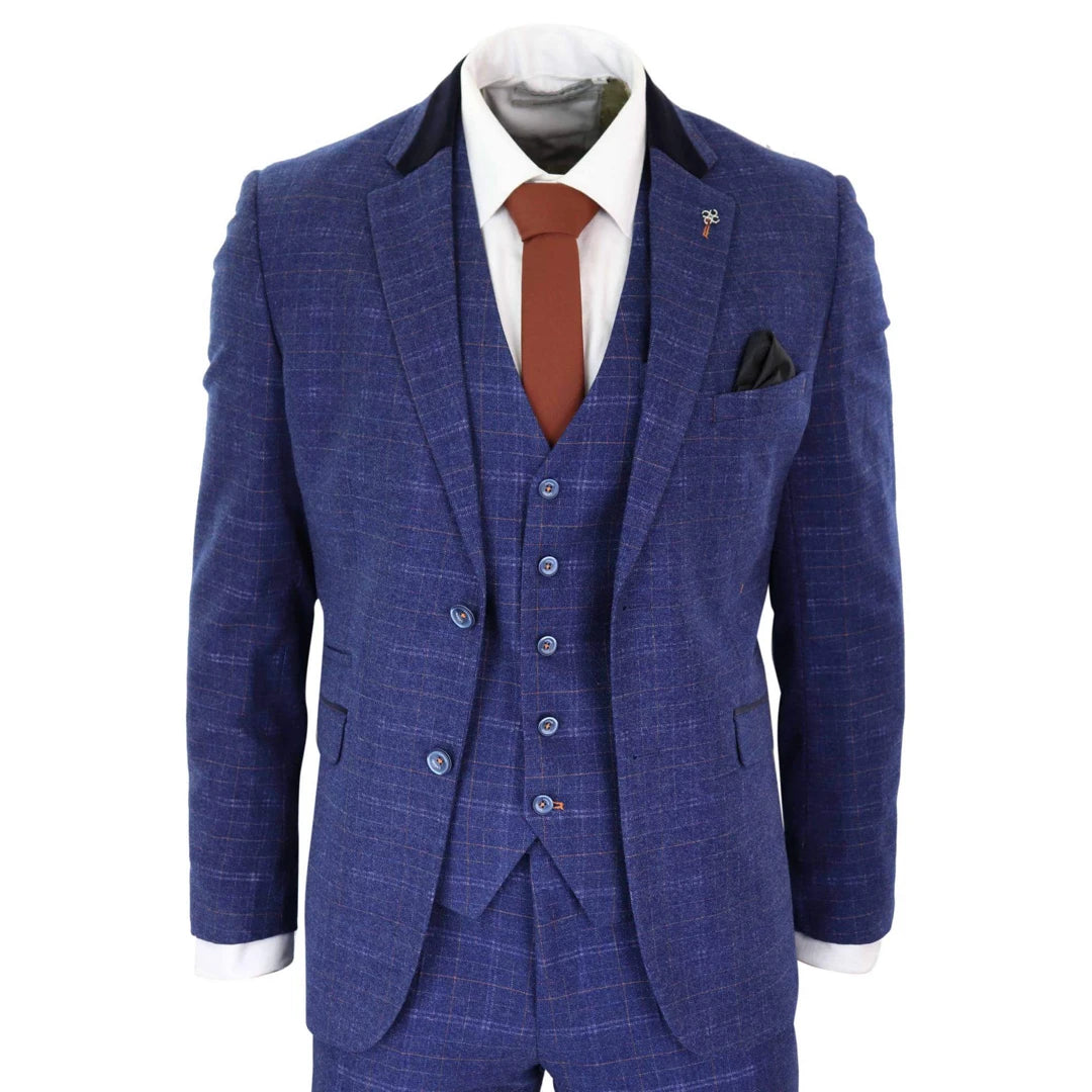 Cavani Kaiser Men's Blue Tweed Check 3 Piece Suit Classic – TruClothing
