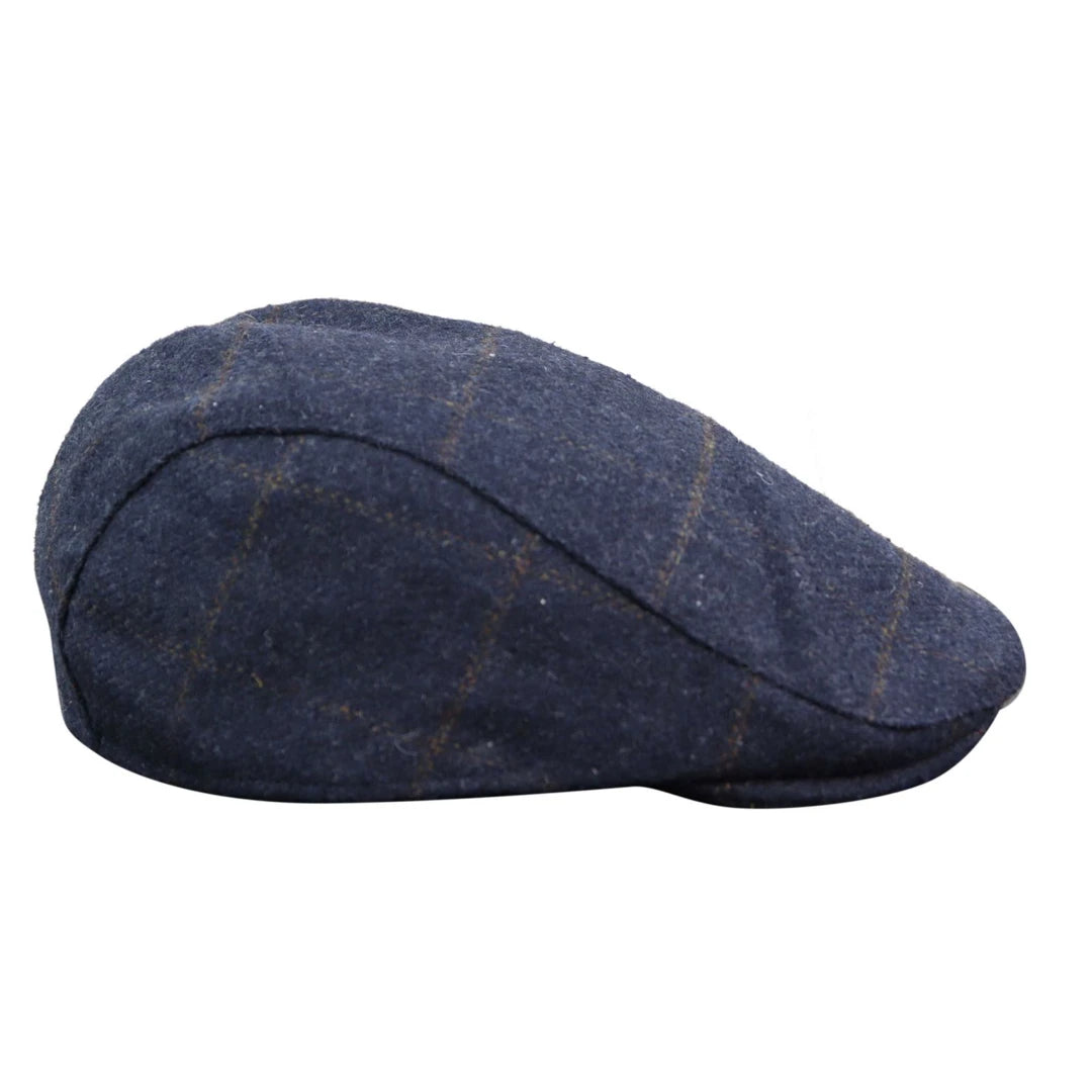 Cavani Kempson Flat Cap - Mens Tweed Wool Check Grandad Hat Vintage - Olive Green/Navy Blue-TruClothing