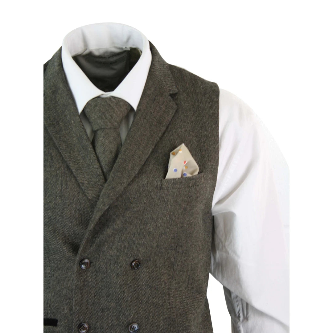 Cavani Martez - Mens Herringbone Tweed Classic Double Breasted Waistcoat-Brown-TruClothing