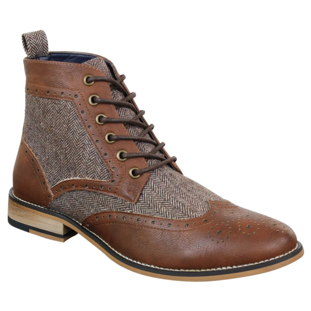Cavani Sherlock - Mens Leather & Tweed Herringbone Ankle Boots-TruClothing