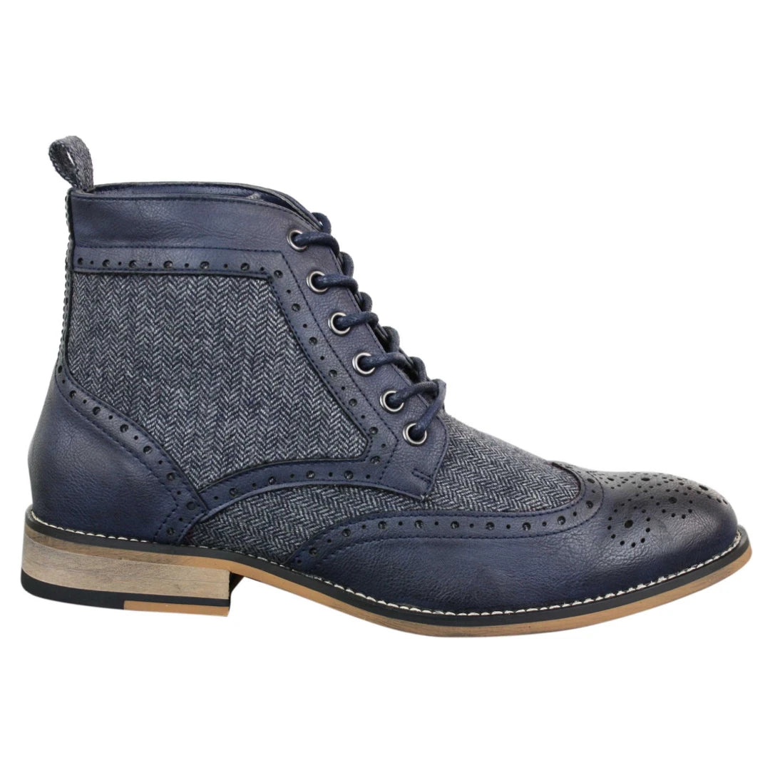 Cavani Sherlock - Mens Leather & Tweed Herringbone Ankle Boots-TruClothing