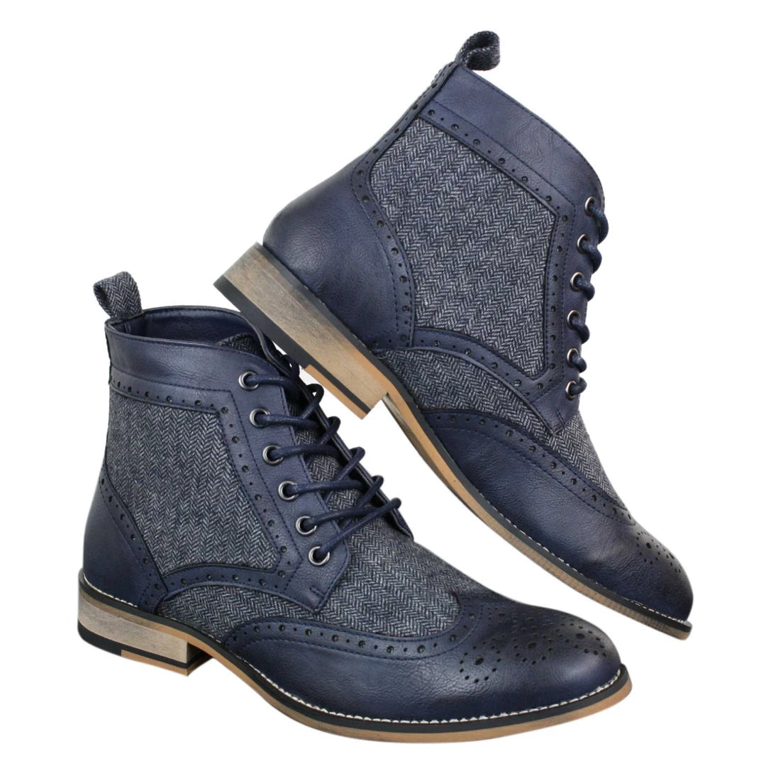 Cavani Sherlock Men s Leather Tweed Herringbone Ankle Boots